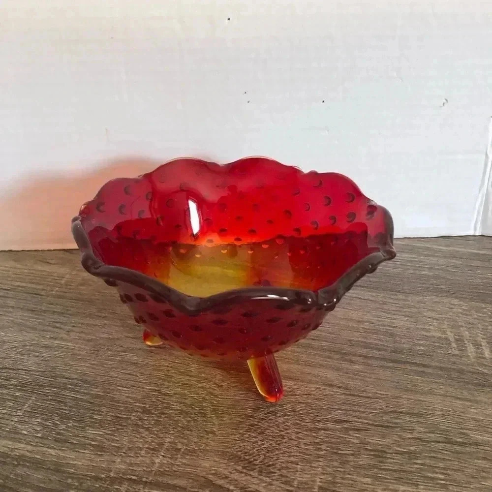 Vtg Amberina Hobnail Three Footed Bowl